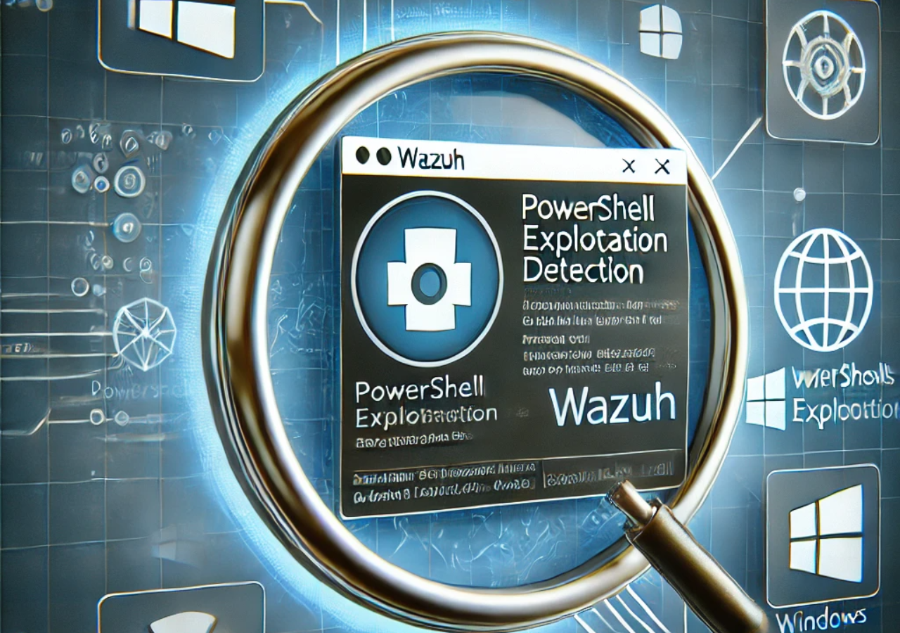 DALL·E 2025-01-21 10.36.13 - A modern and professional graphic representing PowerShell exploitation detection using Wazuh in a Windows environment. The design includes a magnifyin.webp