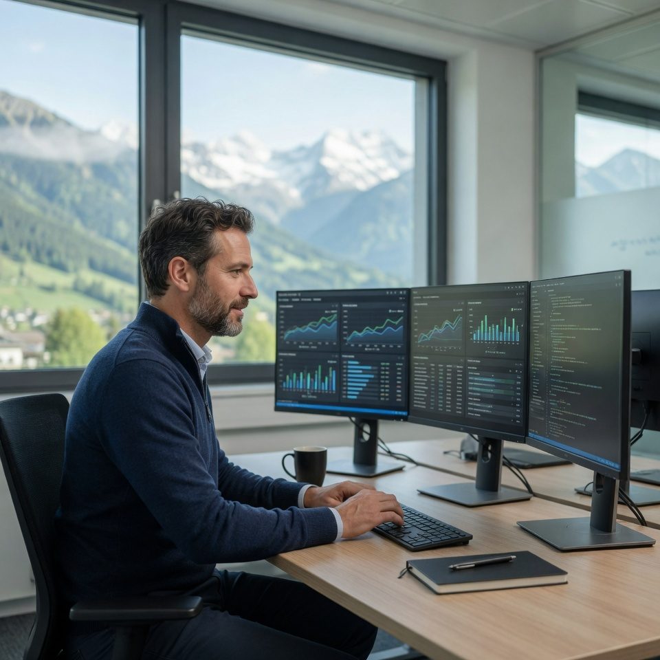 System Engineer arbeitet an Server-Infrastruktur in Schweizer Büro