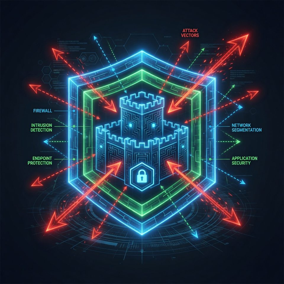 Digitale Festung mit Sicherheitsschichten - Firewall, Endpoint Protection, Network Segmentation
